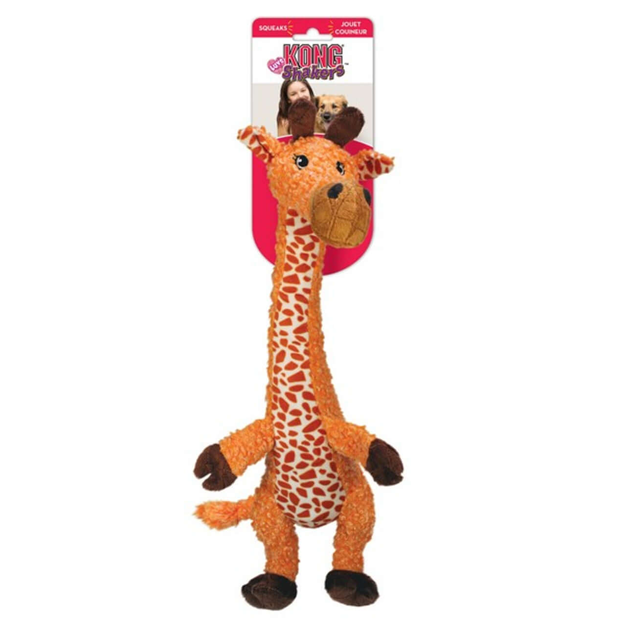 KONG giraffe toy for dogs. Soft, plush and squeaky giraffe dog toy, perfect for cuddling and playtime.