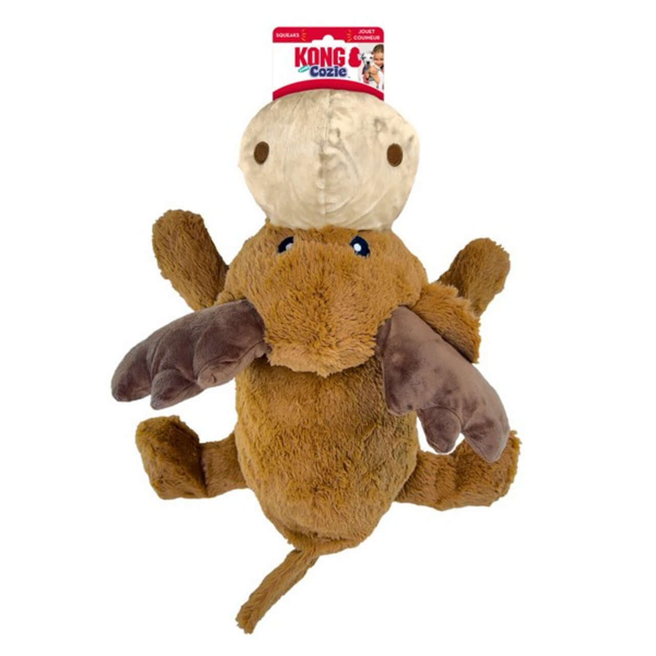 A Jumbo XL size soft moose dog toy with a squeaker