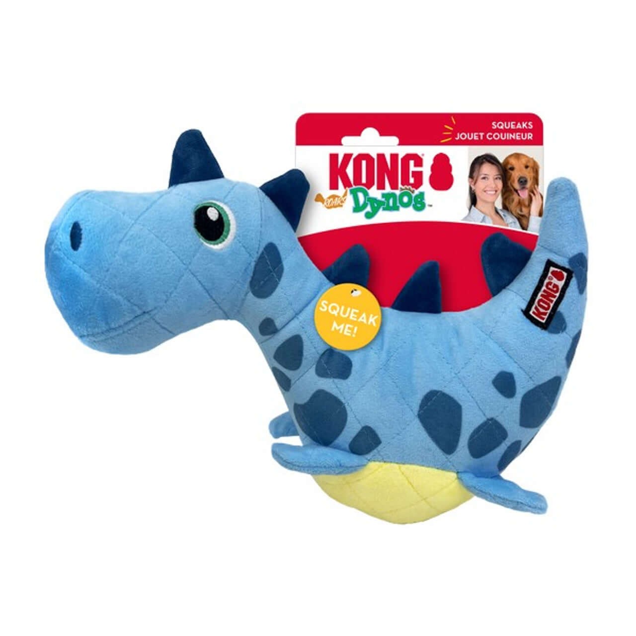 A blue squeaky dinosaur soft dog toy.