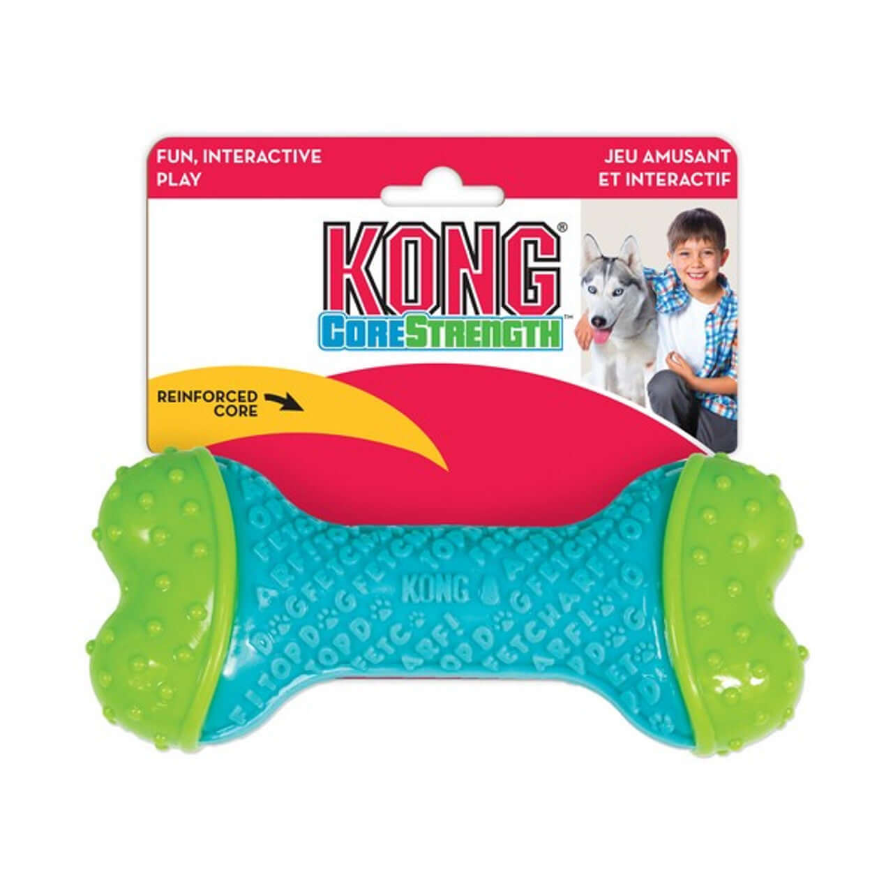 A very strong bone dog toy. Blue and green rubber
