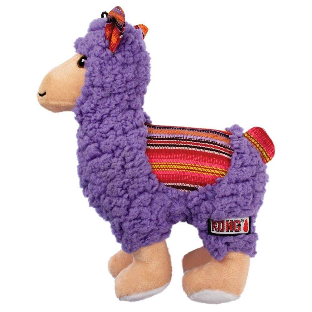 A medium sized purple lama dog toy that squeaks and has a multi-colour crinkly back.