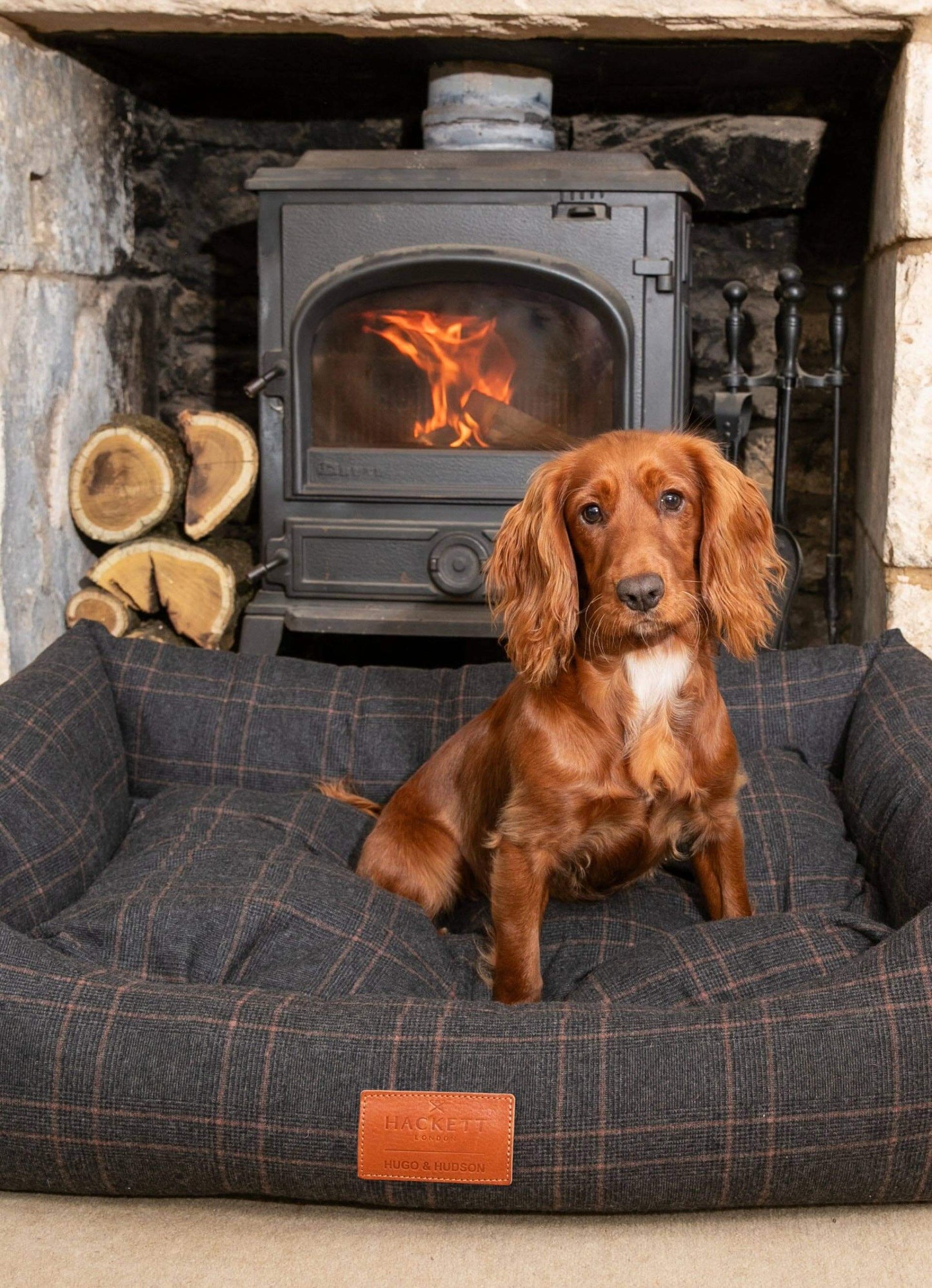 Hackett x Hugo & Hudson tweed dog bed in home setting
