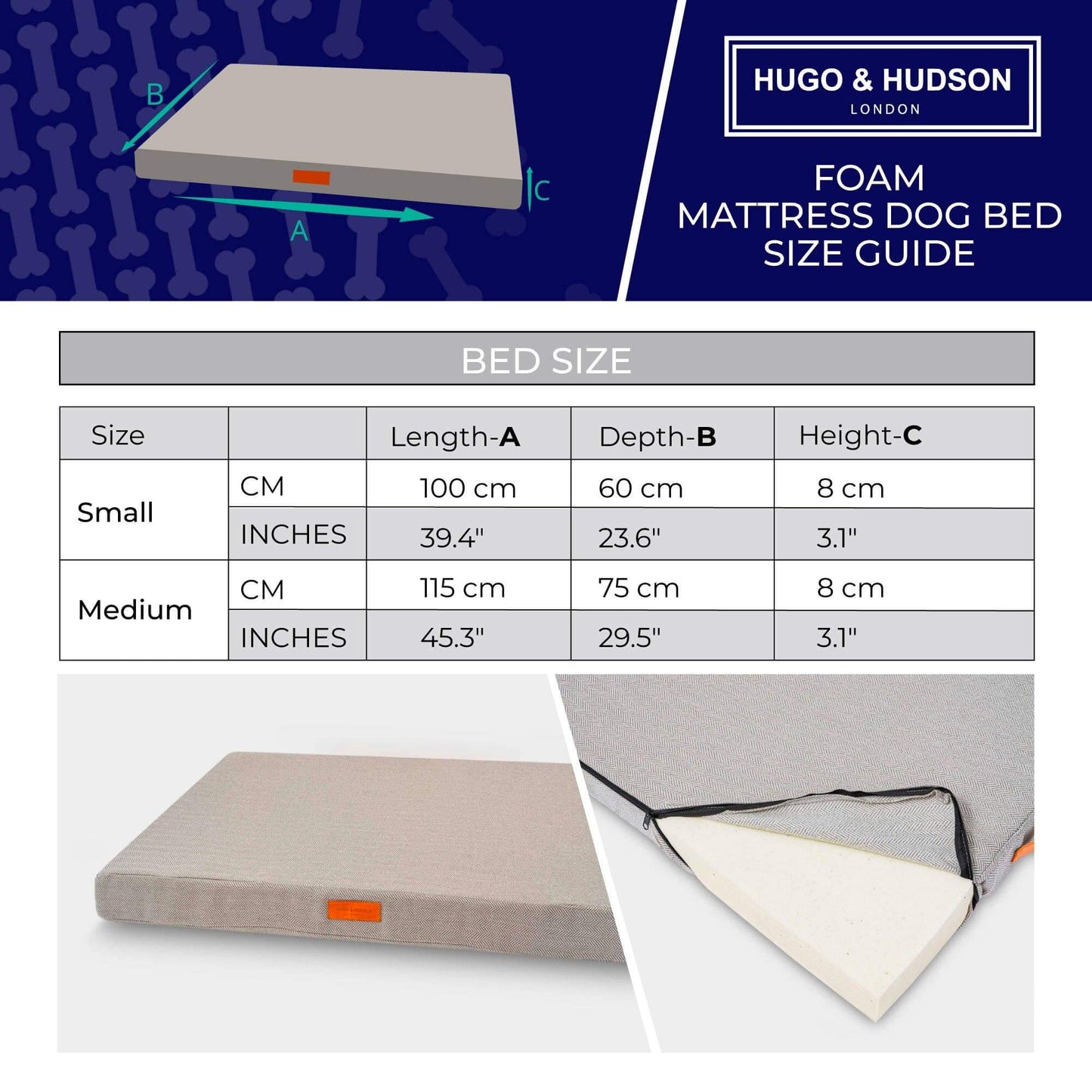 Hugo & Hudson Foam Dog Bed Small - Sand Herringbone